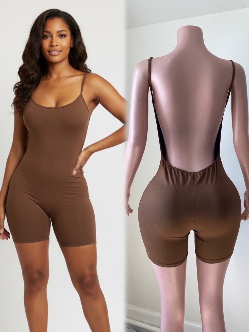 Brown Women's Seamless Scoop Neck Romper Bodysuit